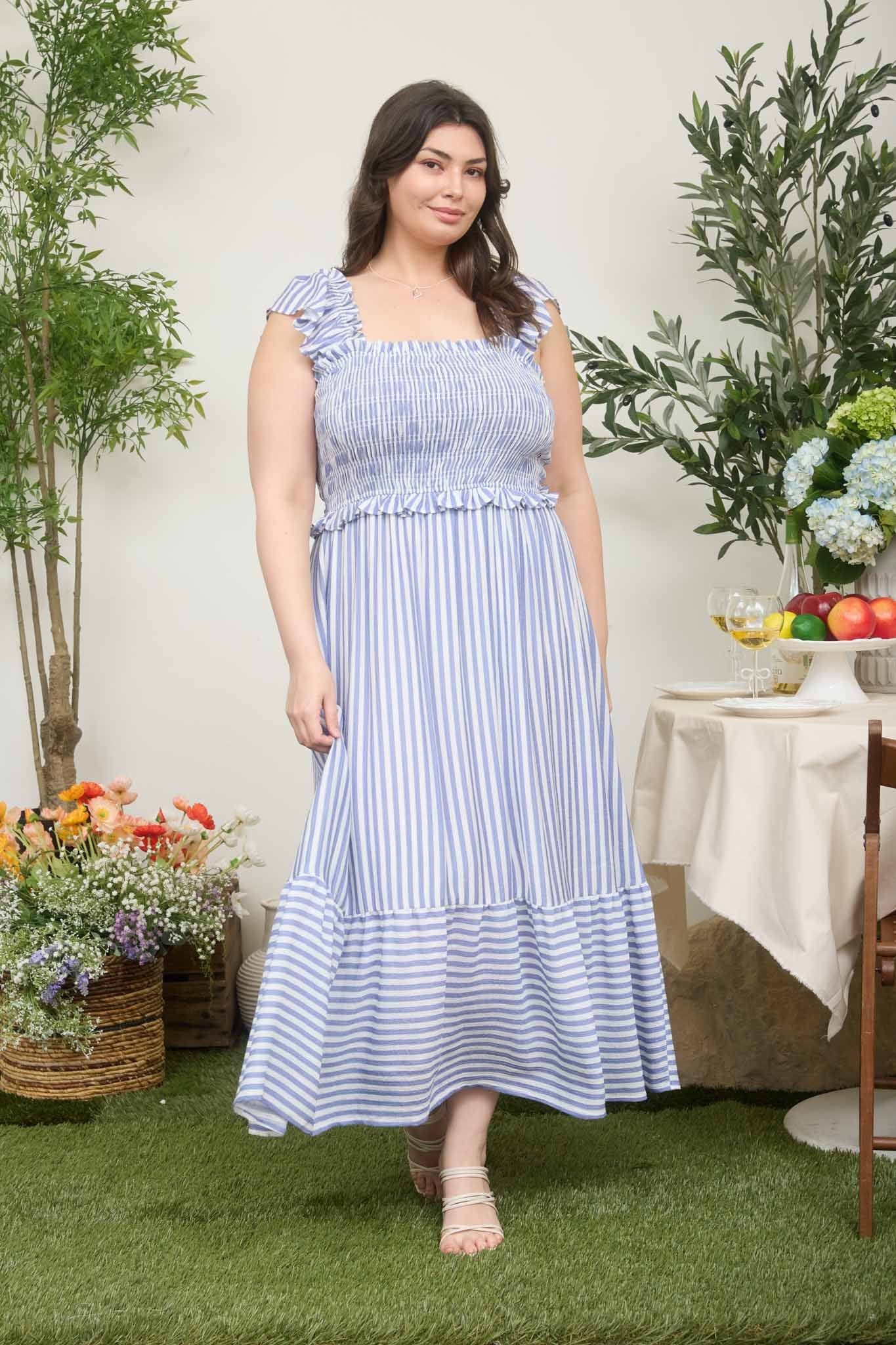 Blue Striped Smocked Plus Midi Dress Blue Striped Smocked Plus Midi Dress