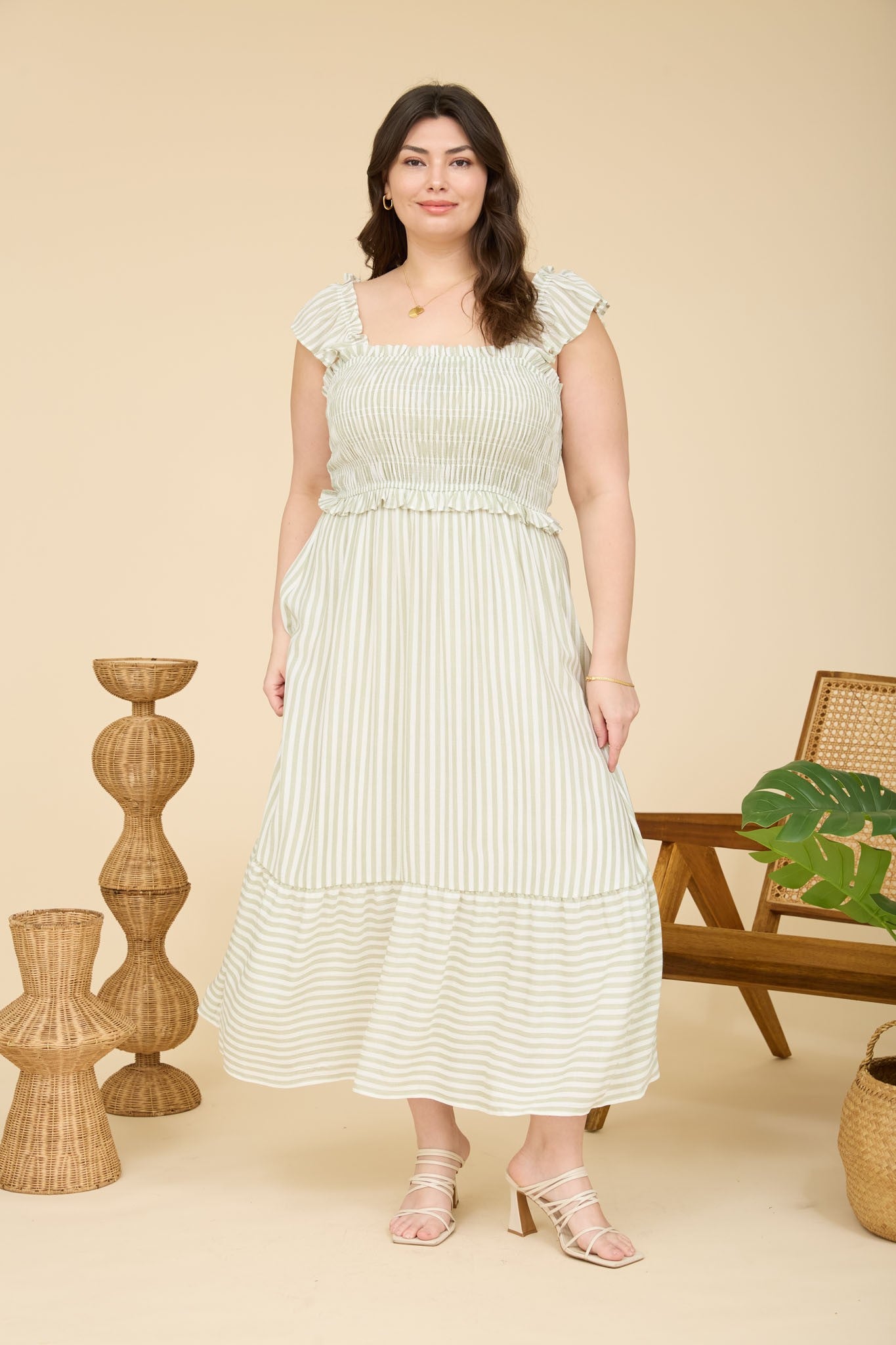 plus size smocked midi dress Light Olive Striped Smocked Plus Midi Dress – PinkBlush