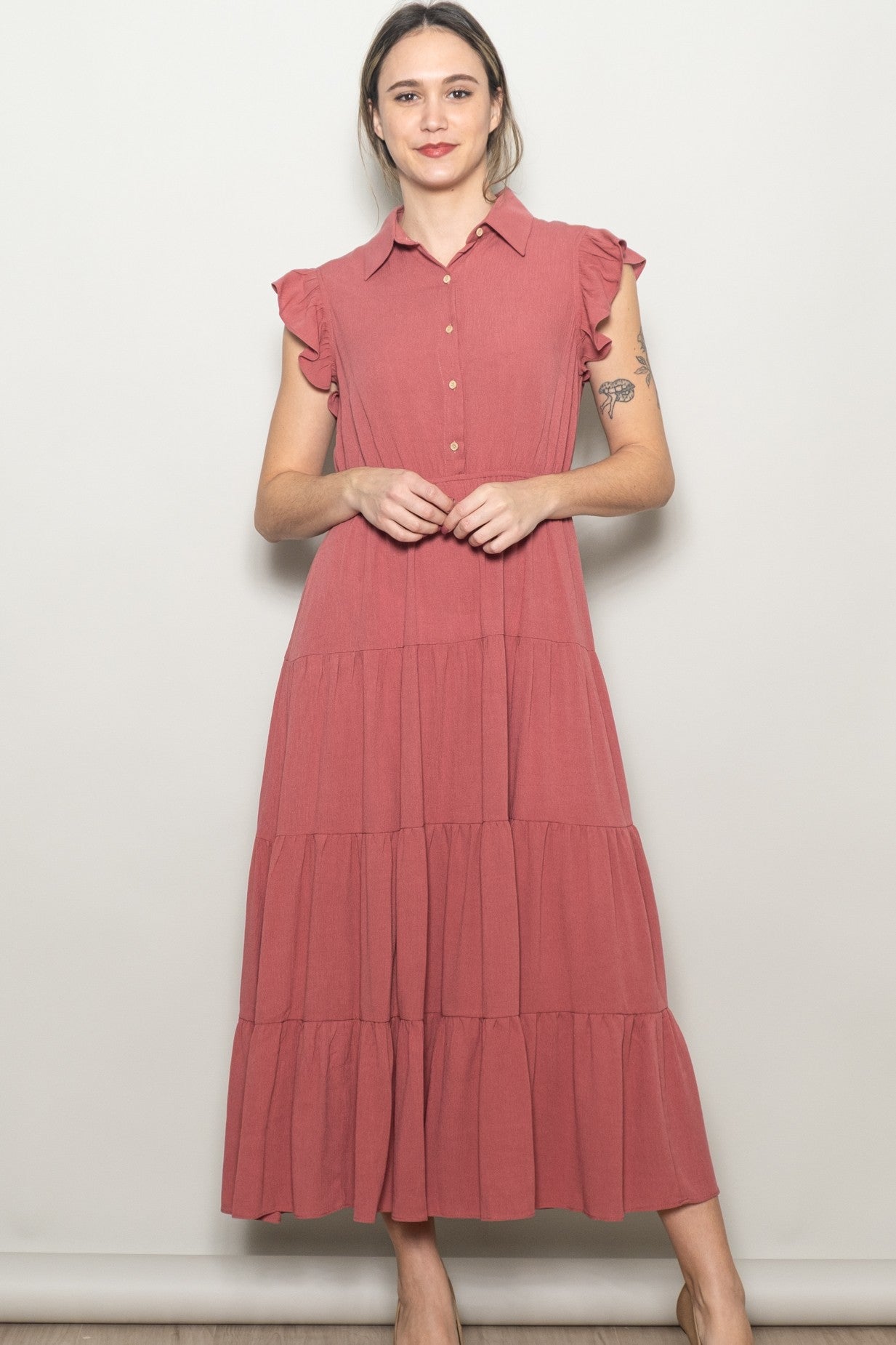 Dusty Rose Button Up Ruffle Sleeve Tiered Maternity Maxi Dress