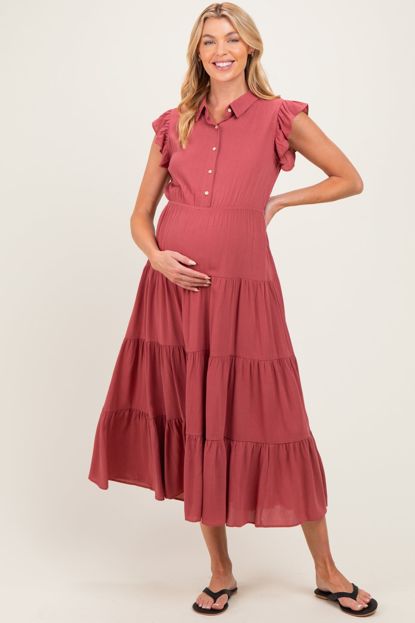 Dusty Rose Button Up Ruffle Sleeve Tiered Maternity Maxi Dress