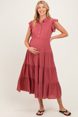 Dusty Rose Button Up Ruffle Sleeve Tiered Maternity Maxi Dress