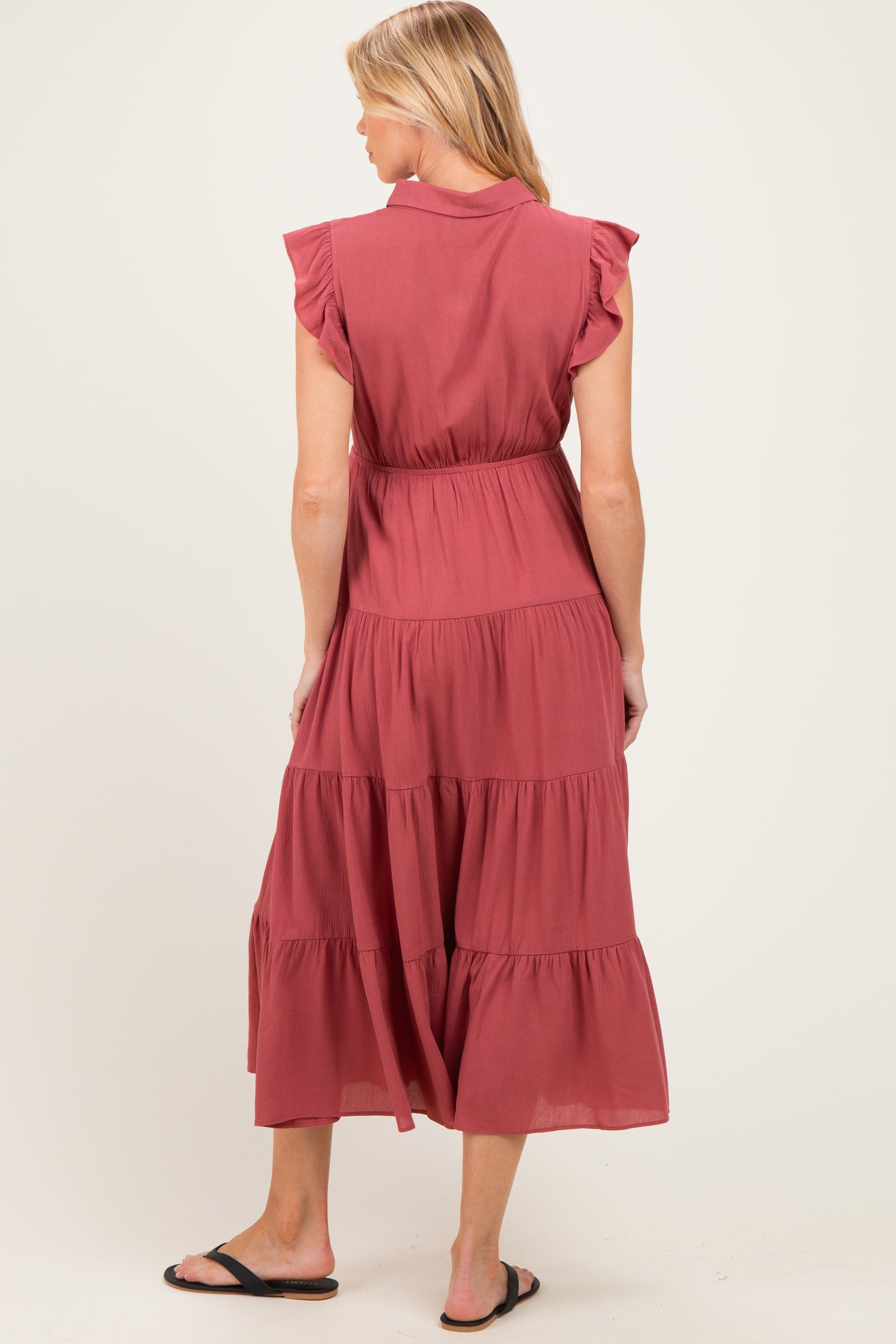 Dusty Rose Button Up Ruffle Sleeve Tiered Maternity Maxi Dress