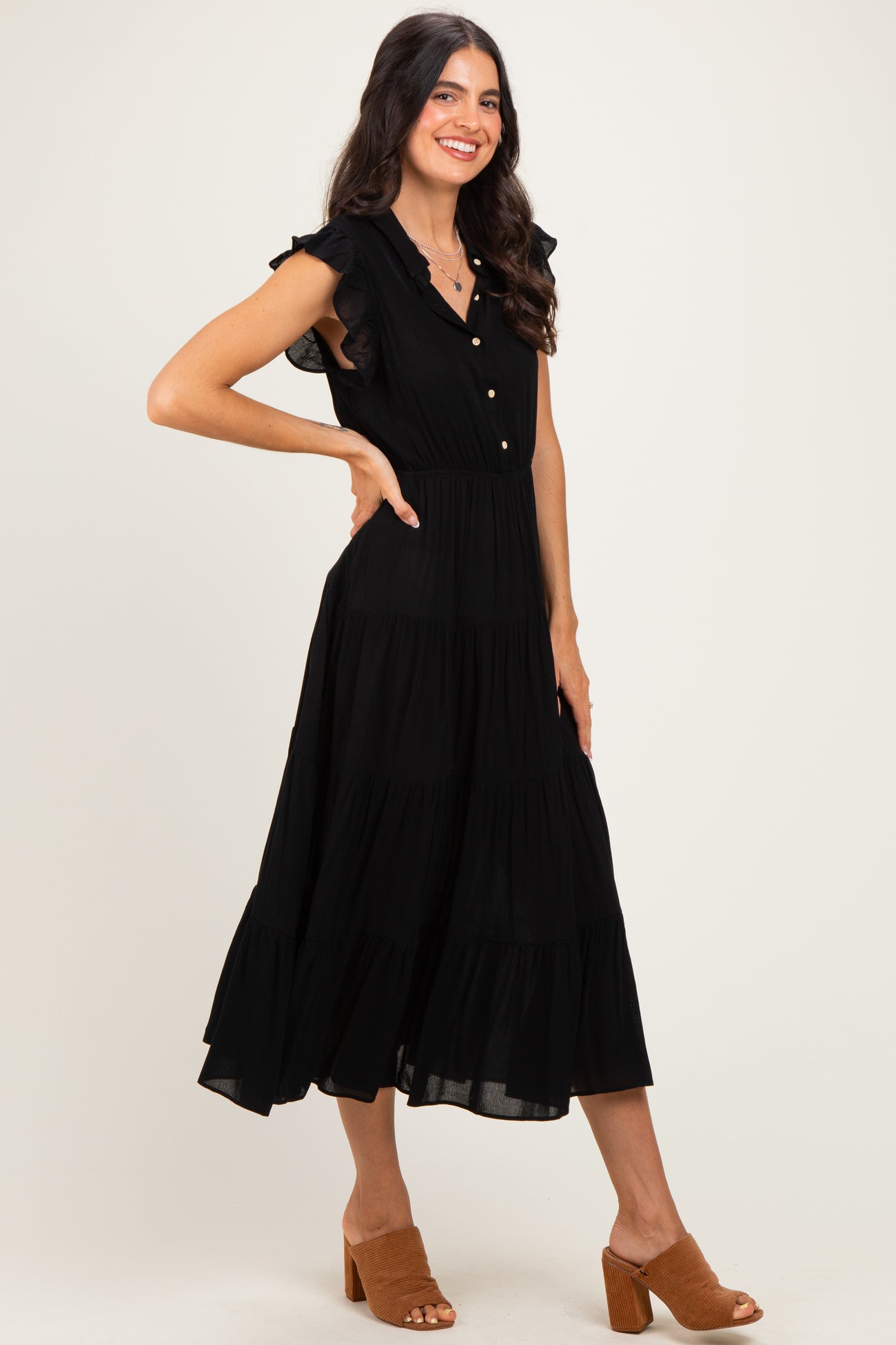 Black Button Up Ruffle Sleeve Tiered Maxi Dress