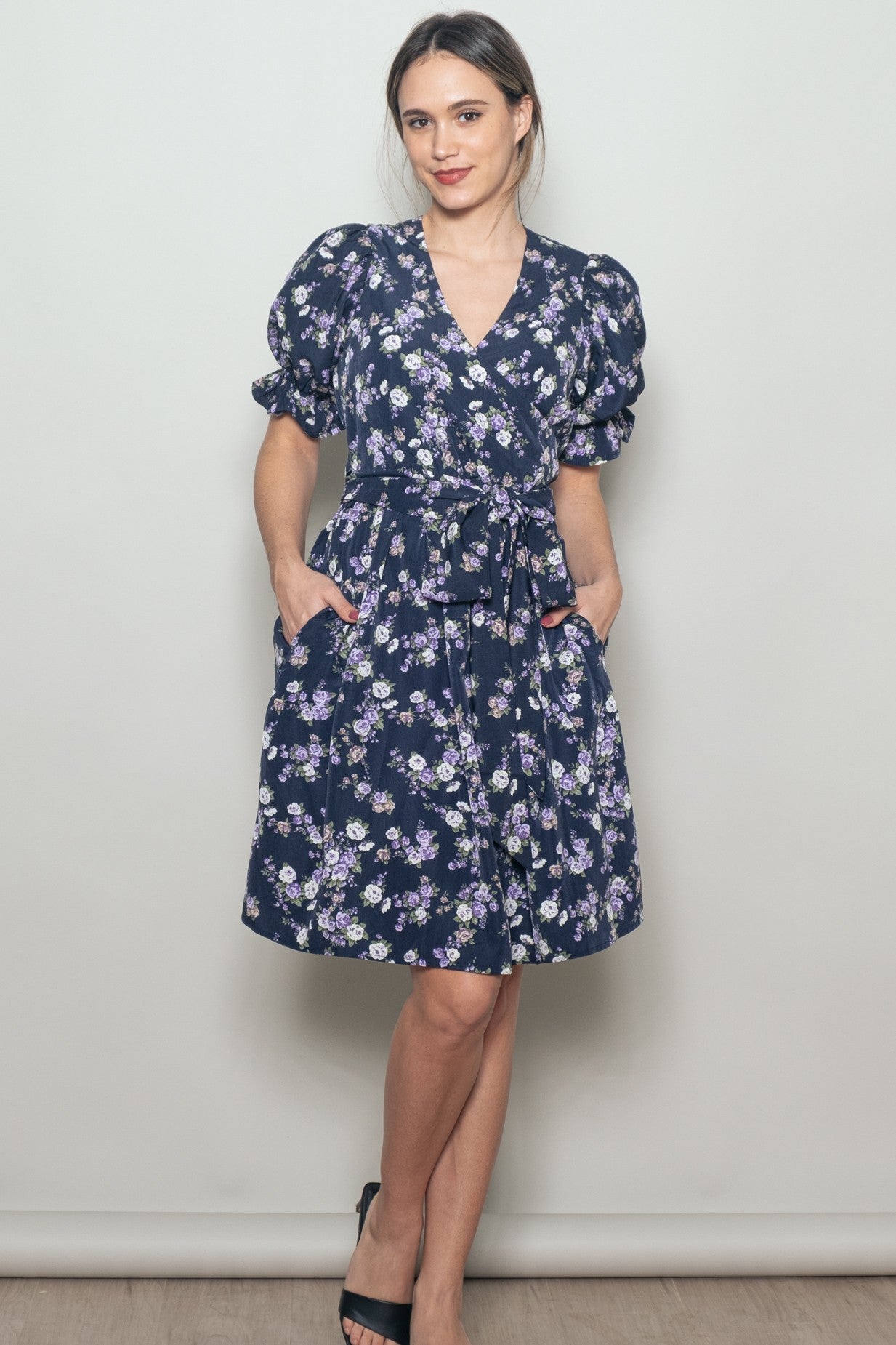 Navy Rose Floral Wrap Dress