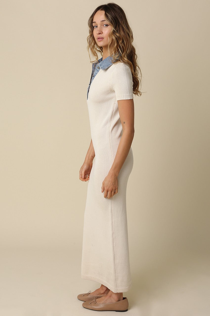 Natural Knit Denim Contrast Collar Maxi Dress
