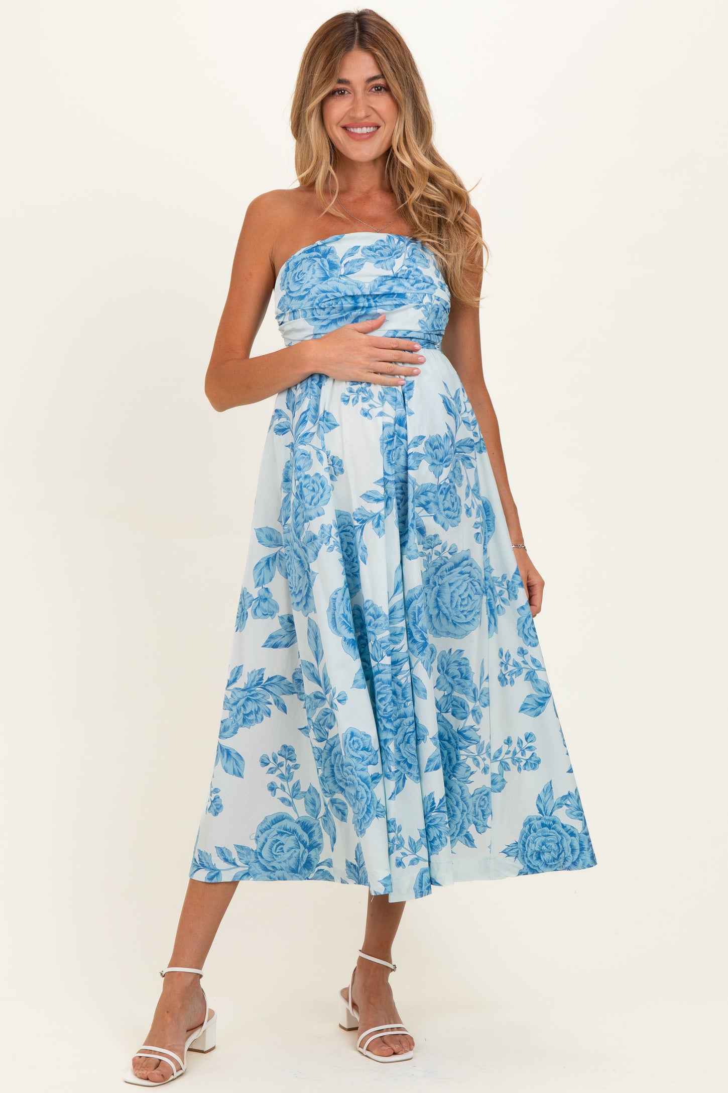 strapless maternity maxi dress Momyknows Pink Ruched Bandeau Strapless Big Swing Scarf Maternity Maxi Dress, Pink / L