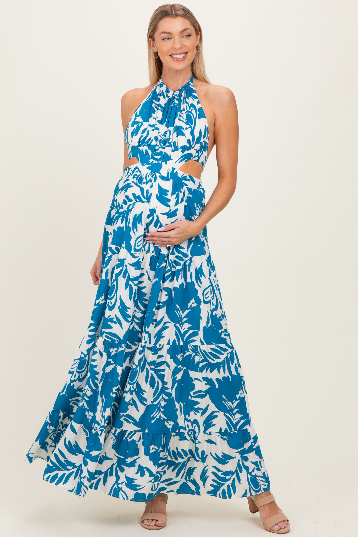 Blue Floral Halter Cutout Open Back Maternity Maxi Dresses