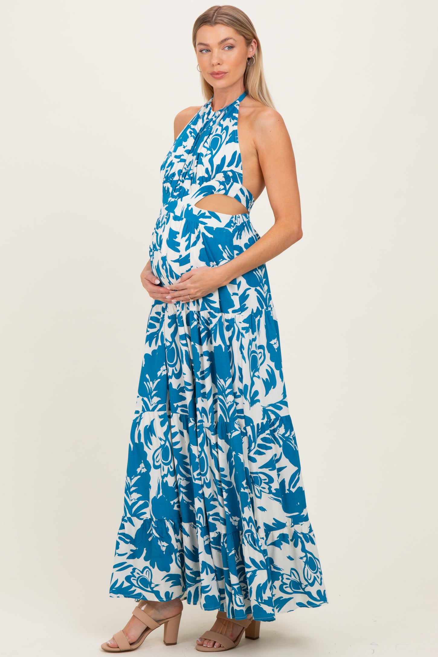 Blue Floral Halter Cutout Open Back Maternity Maxi Dresses