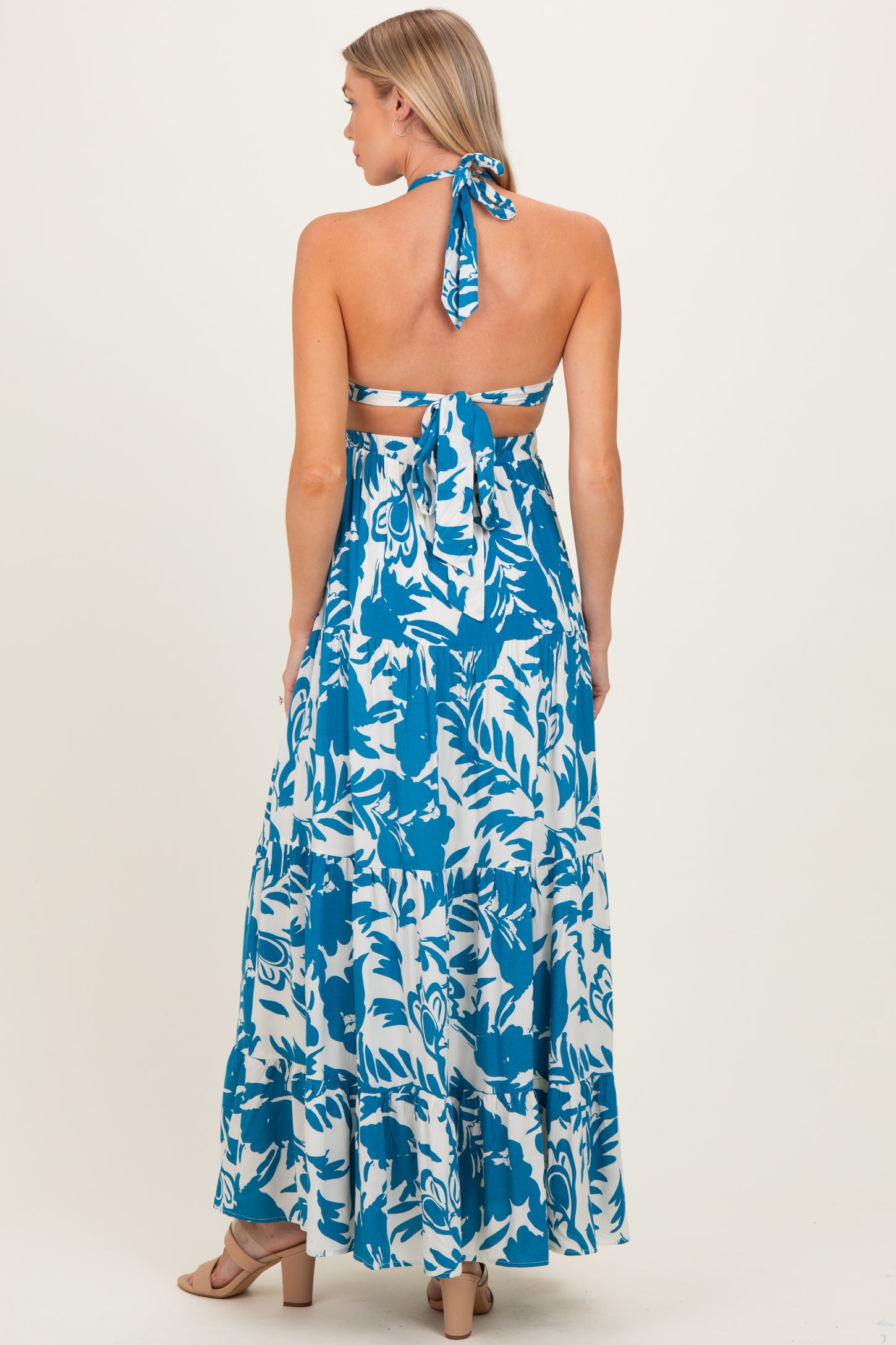 Blue Floral Halter Cutout Open Back Maternity Maxi Dresses