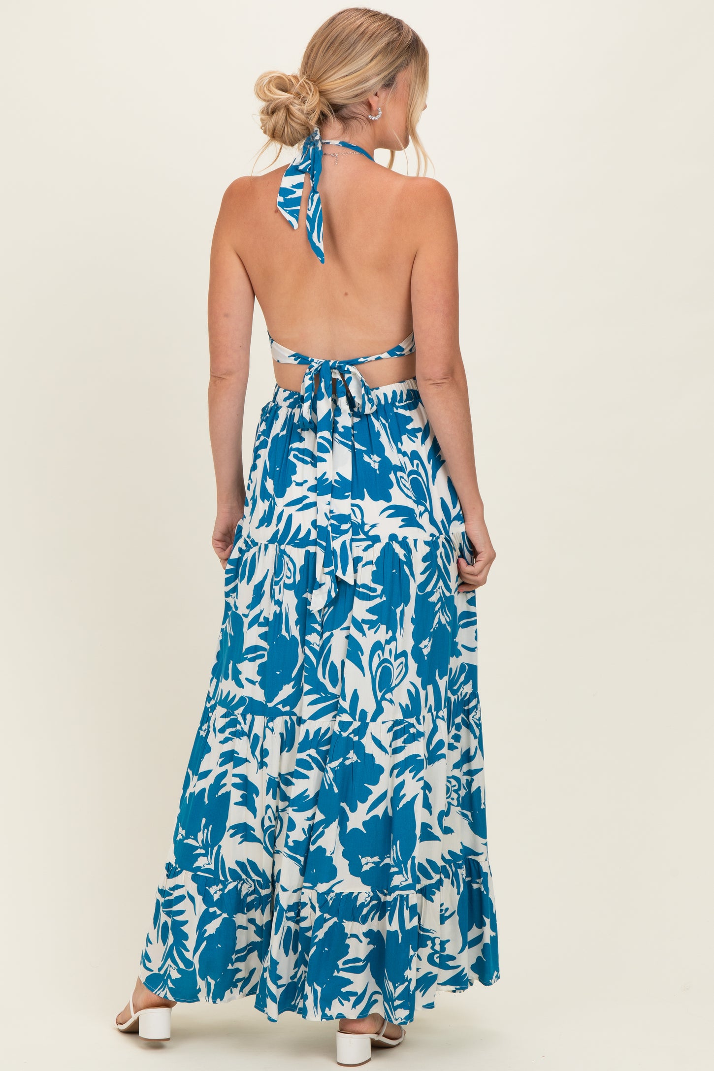 Blue Floral Halter Cutout Open Back Maxi Dresses Blue Floral Halter Cutout Open Back Maxi Dresses