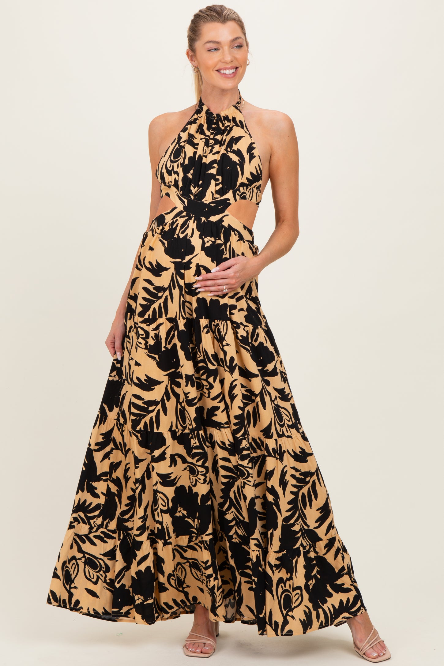 Black Floral Halter Cutout Open Back Maternity Maxi Dresses