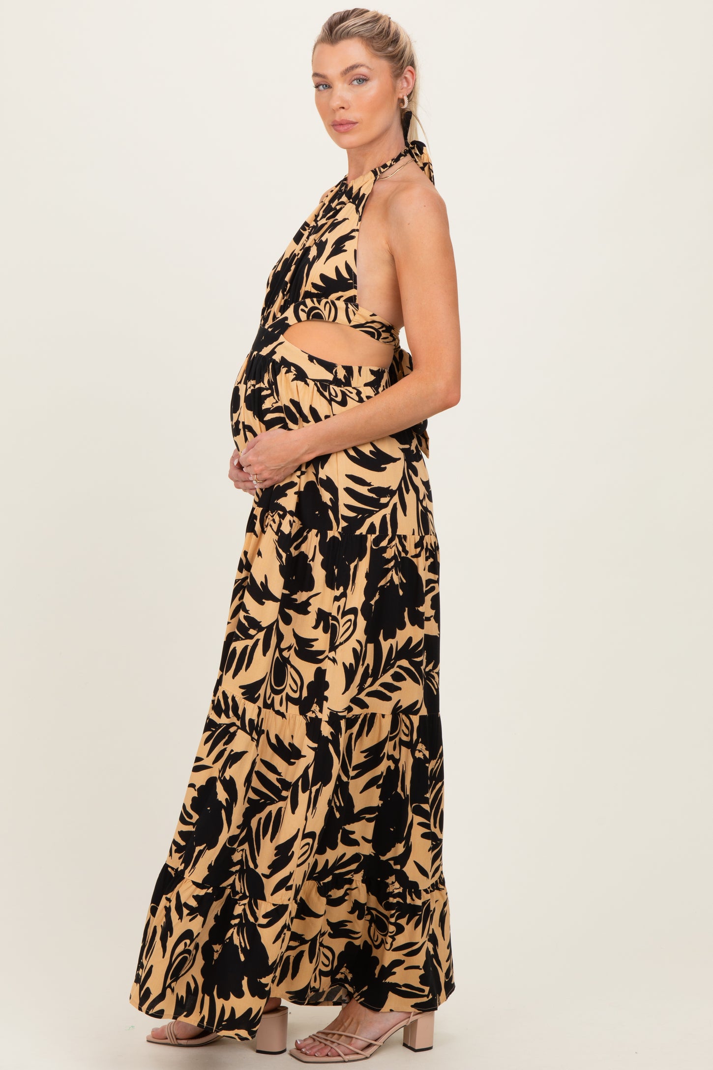 Black Floral Halter Cutout Open Back Maternity Maxi Dresses