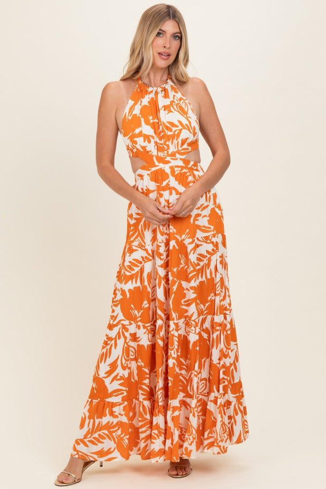 Tangerine Floral Halter Cutout Open Back Maxi Dresses Tangerine Floral Halter Cutout Open Back Maxi Dresses
