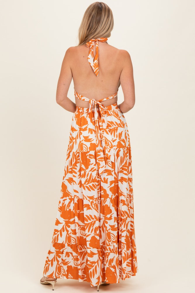 Tangerine Floral Halter Cutout Open Back Maxi Dresses Tangerine Floral Halter Cutout Open Back Maxi Dresses