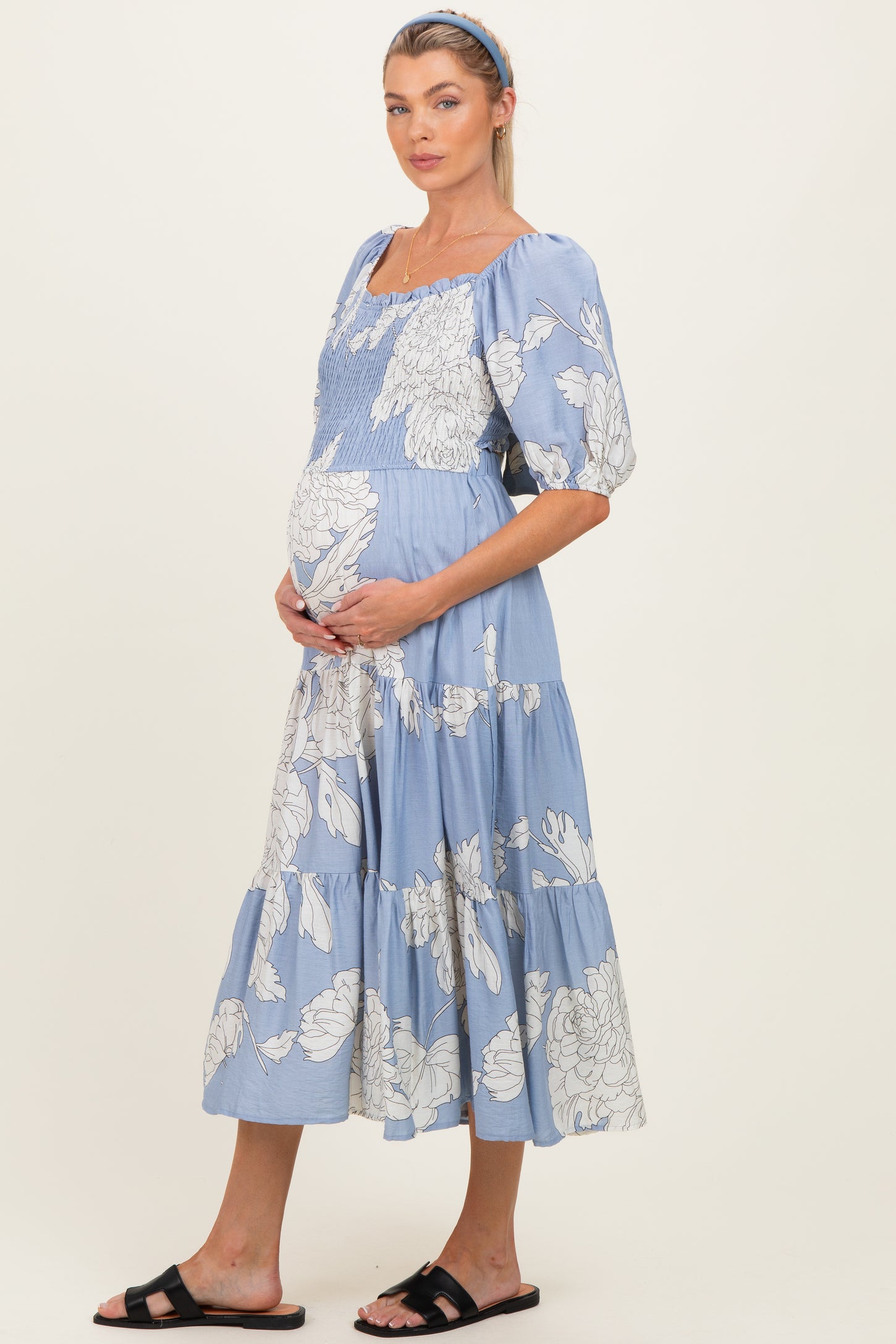 Light Blue Floral Cutout Tie Back Maternity Midi Dress