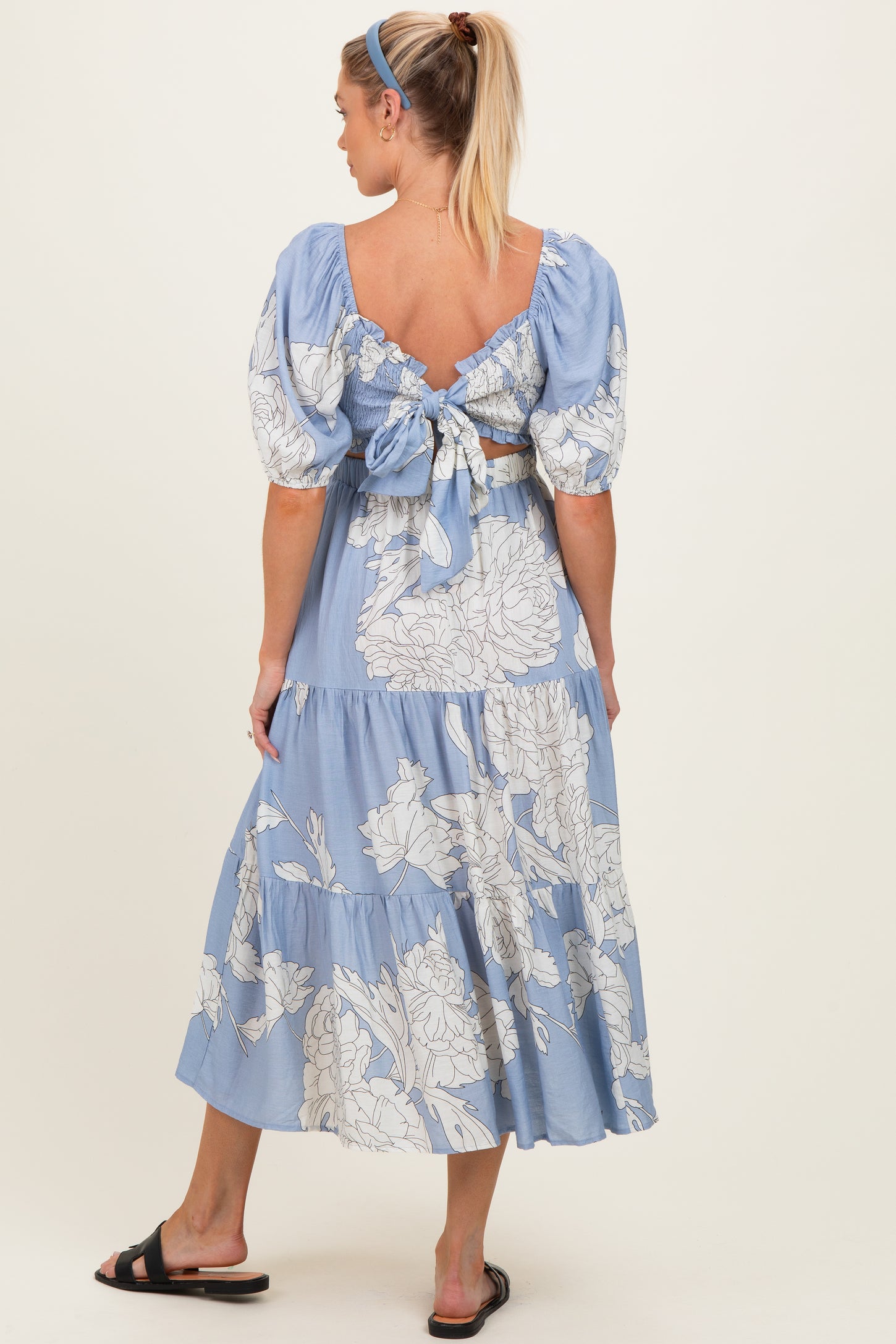 Light Blue Floral Cutout Tie Back Maternity Midi Dress
