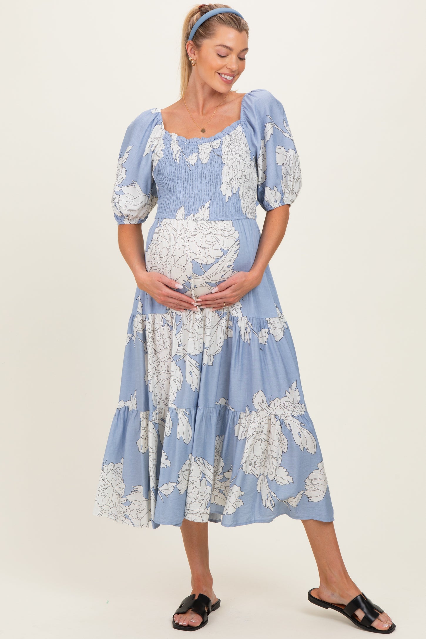 Light Blue Floral Cutout Tie Back Maternity Midi Dress