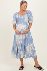 Light Blue Floral Cutout Tie Back Maternity Midi Dress
