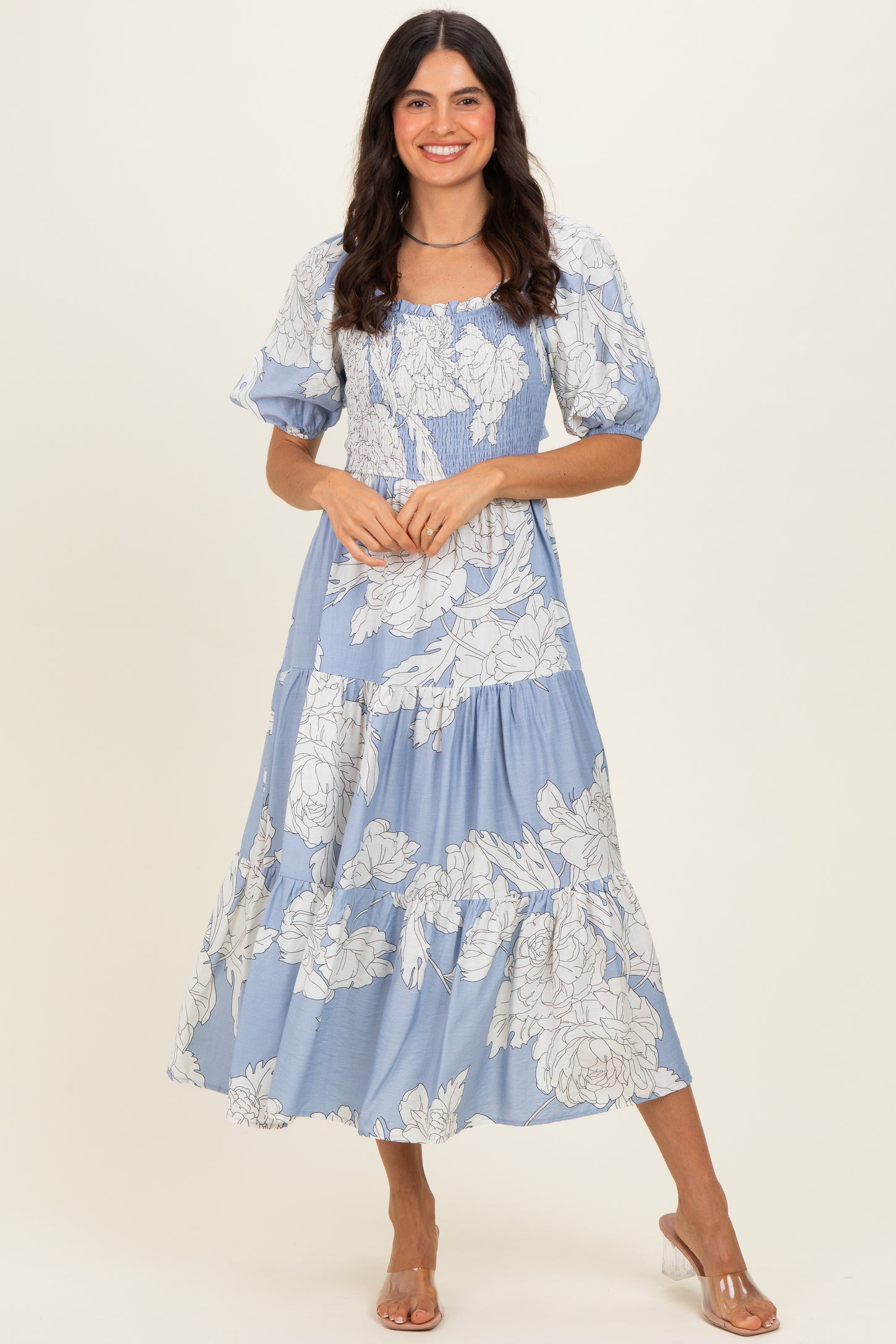 Light Blue Floral Cutout Tie Back Maternity Midi Dress
