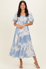 Light Blue Floral Cutout Tie Back Maternity Midi Dress
