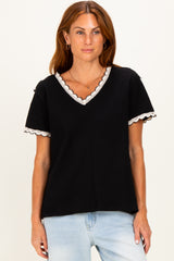 Black Waffle Knit Crochet Trim Top