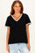 woman wearing a black ribbed short sleeve top with lace trim and a v-neckline paired with light blue jeans