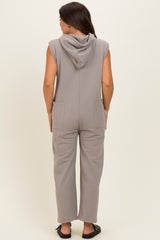 Vintage Taupe Button Up French Terry Maternity Jumpsuit
