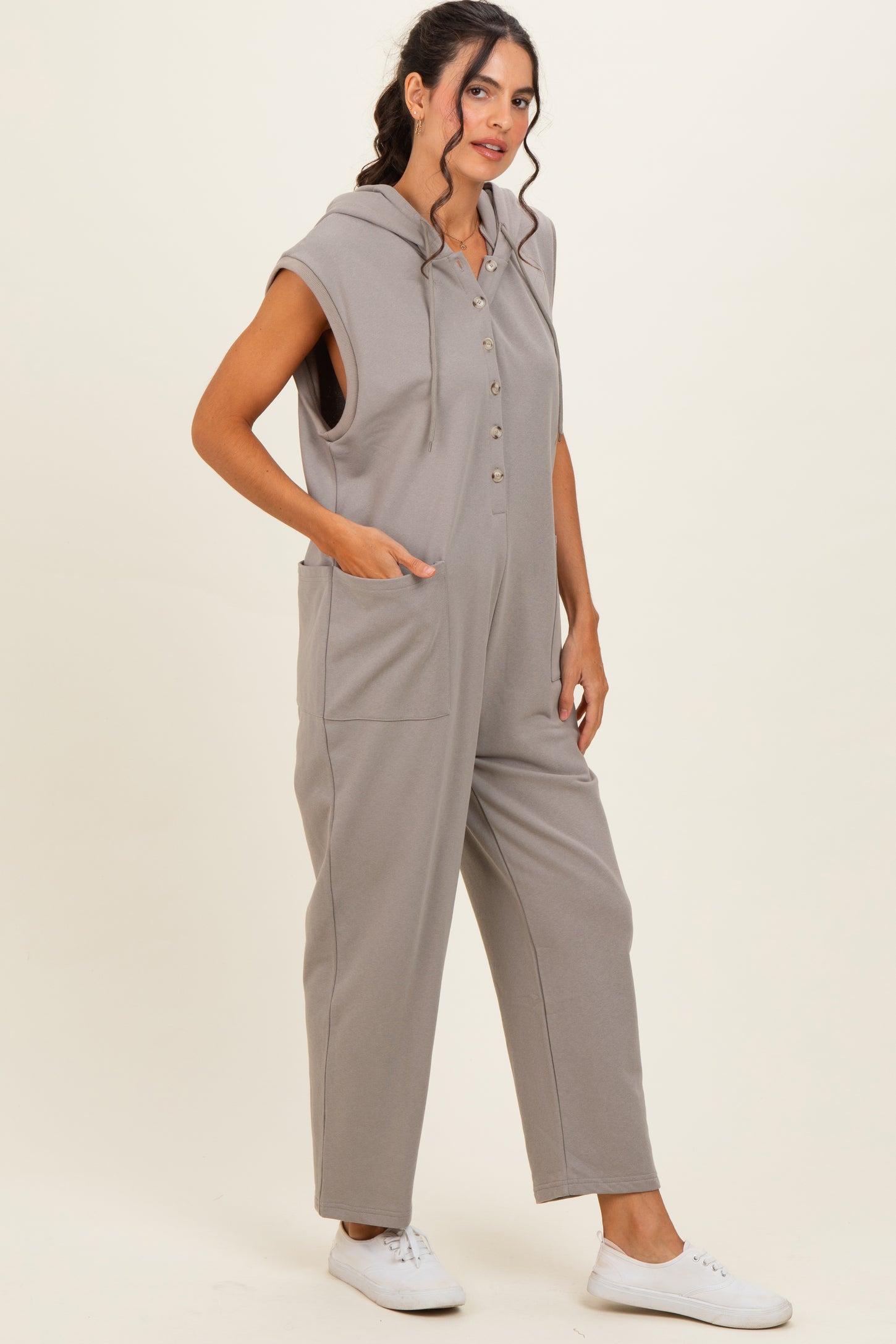 Vintage Taupe Button Up French Terry Maternity Jumpsuit