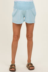 Light Blue Smocked Waist Mineral Wash Maternity Shorts