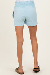Light Blue Smocked Waist Mineral Wash Maternity Shorts