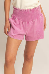 Fuchsia Smocked Waist Mineral Wash Maternity Shorts