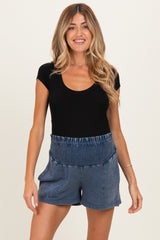 Navy Smocked Waist Mineral Wash Maternity Shorts