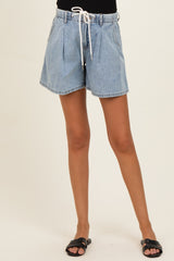 Light Denim Midi Pleated Maternity Shorts