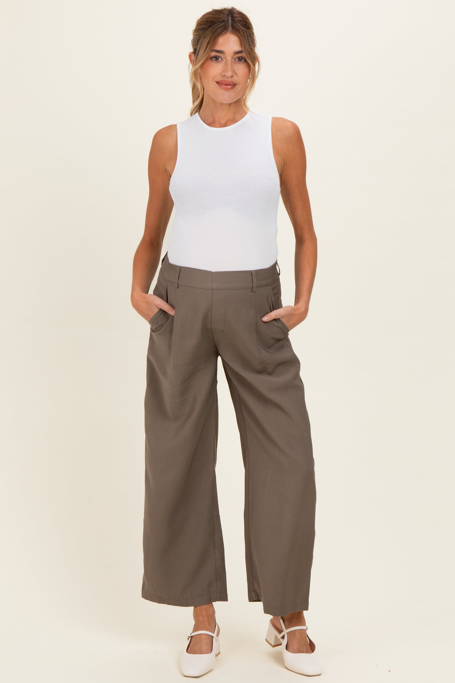 Mocha Elastic Waistband Maternity Trousers