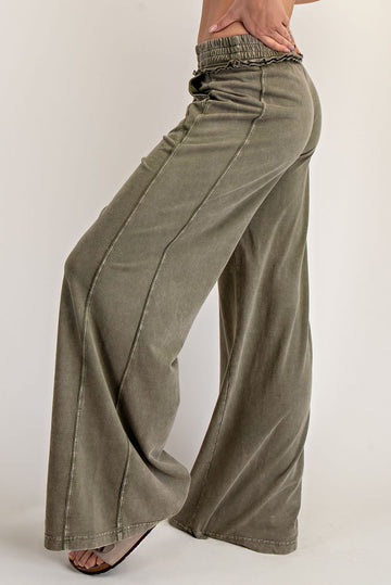 Olive Mineral Wash Wide Leg Pants