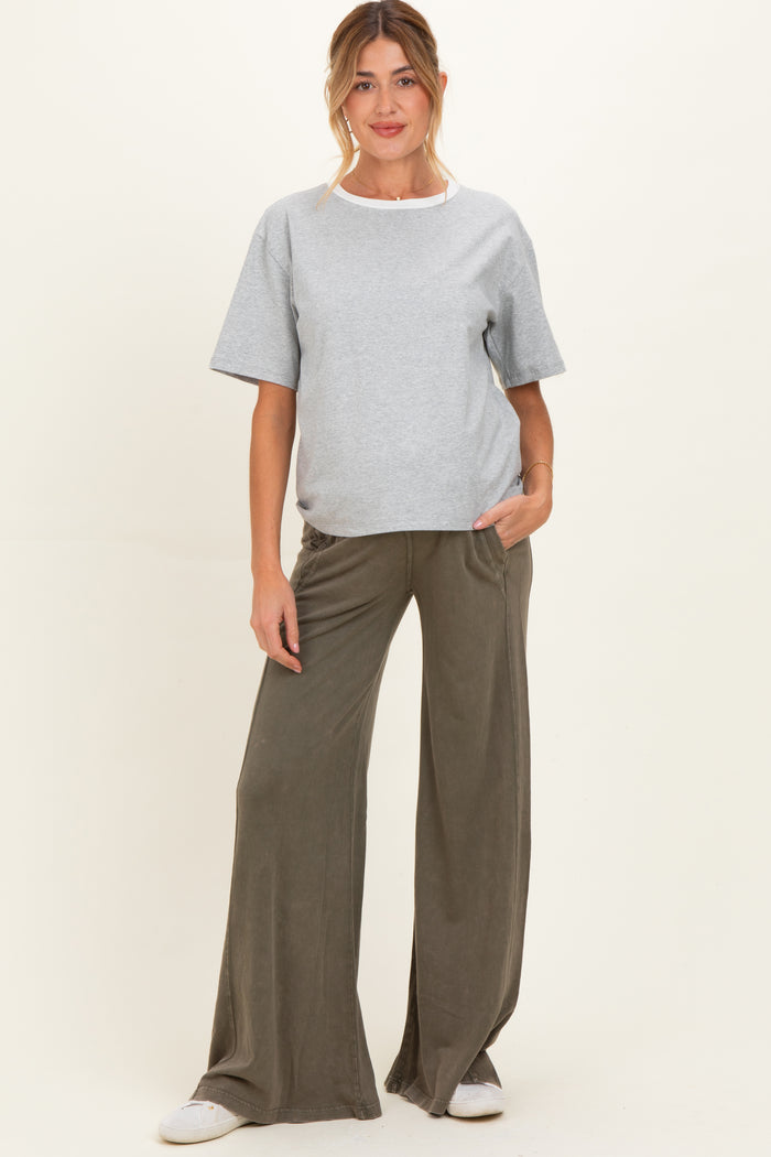 Olive Mineral Wash Wide Leg Maternity Pants