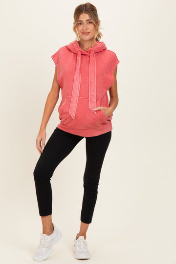 Red Mineral Wash Sleeveless Maternity Hoodie