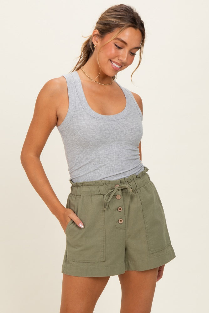 Olive Paper Bag Button Up Twill Shorts