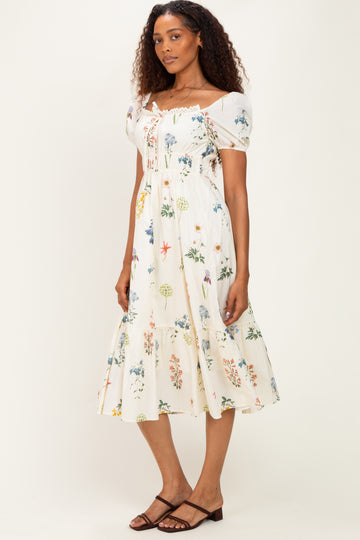 Ivory Floral Puff Sleeve Midi Dress