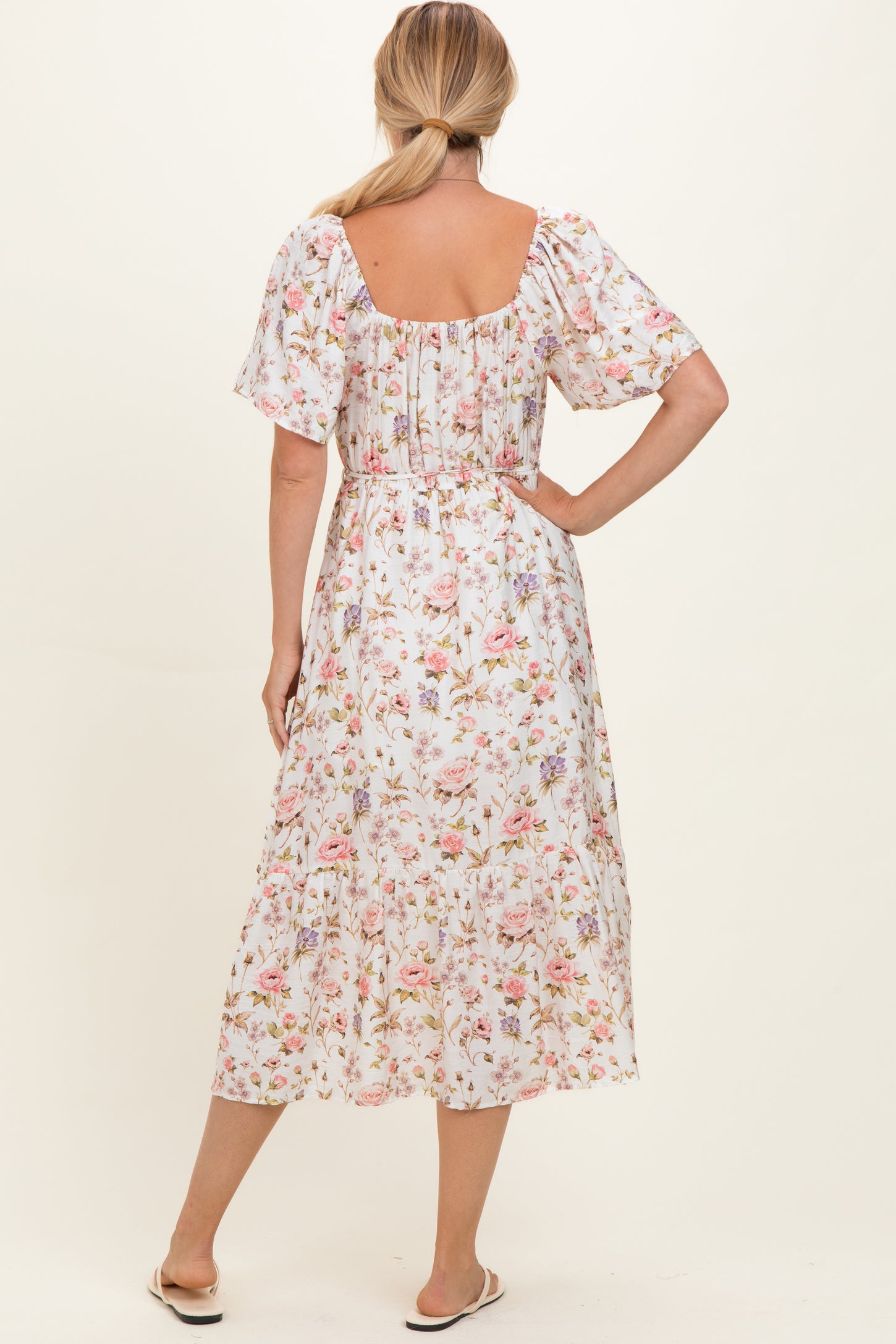 Ivory Floral Flutter Sleeve Midi Dress
