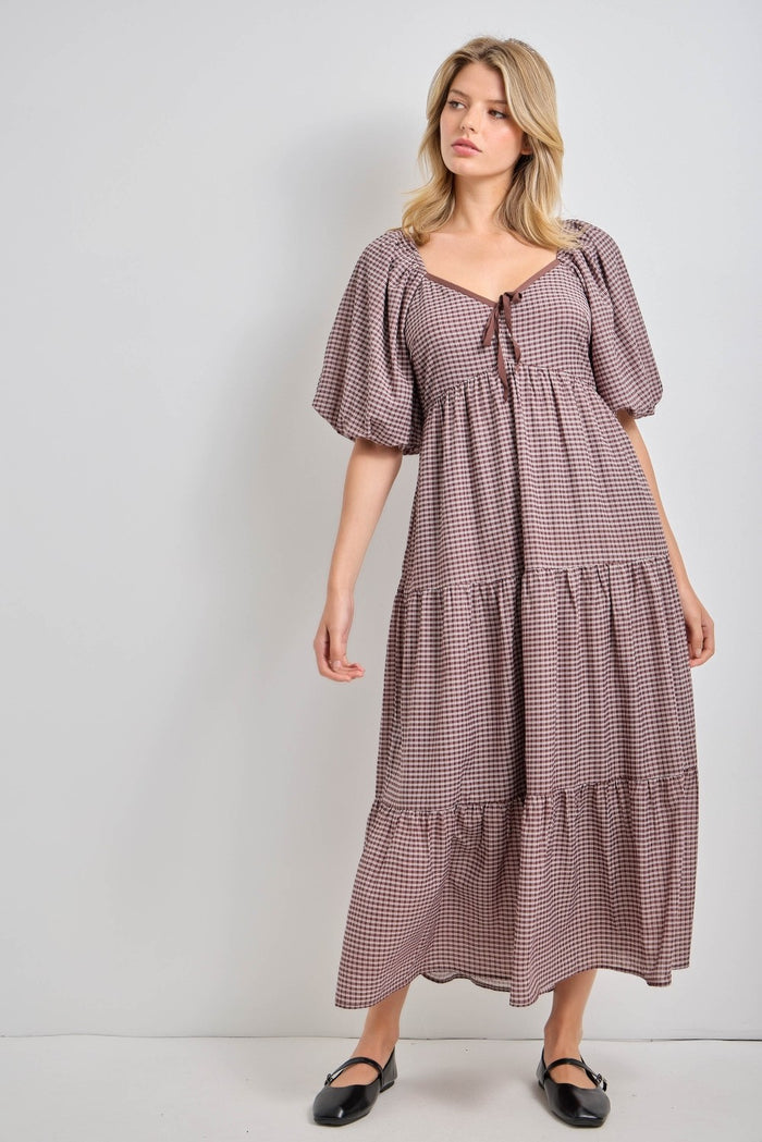 Brown Gingham Puff Sleeve Tiered Maternity Maxi Dress