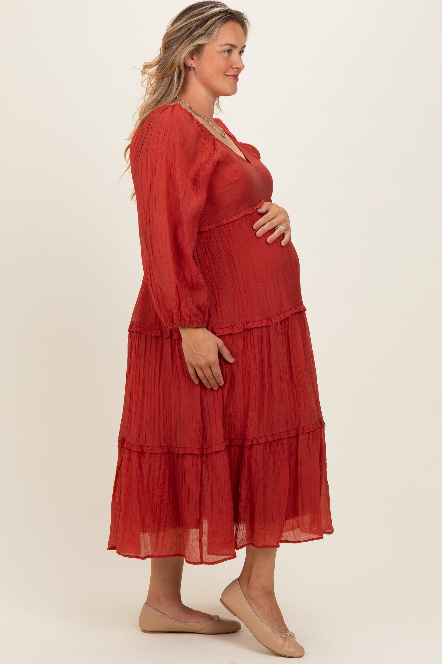 Rust Ruffle Accent Tiered Long Sleeve Maternity Plus Maxi Dress Rust Ruffle Accent Tiered Long Sleeve Maternity Plus Maxi Dress