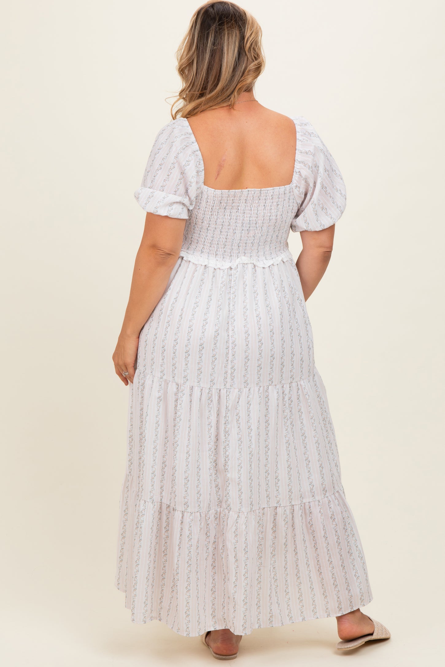 Light Yellow Floral Stripe Tiered Maternity Plus Maxi Dress