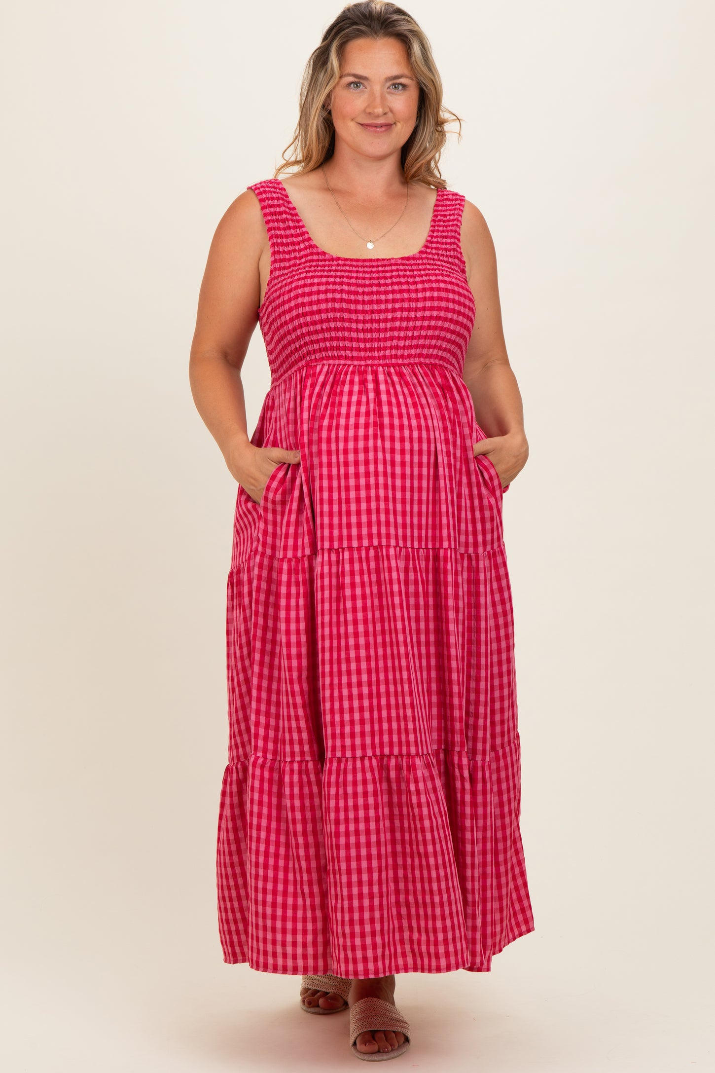 plus size plaid maxi dress Plus Size Maxi Dress Ruffle Sleeveless-Beige White Plaid, 5XL