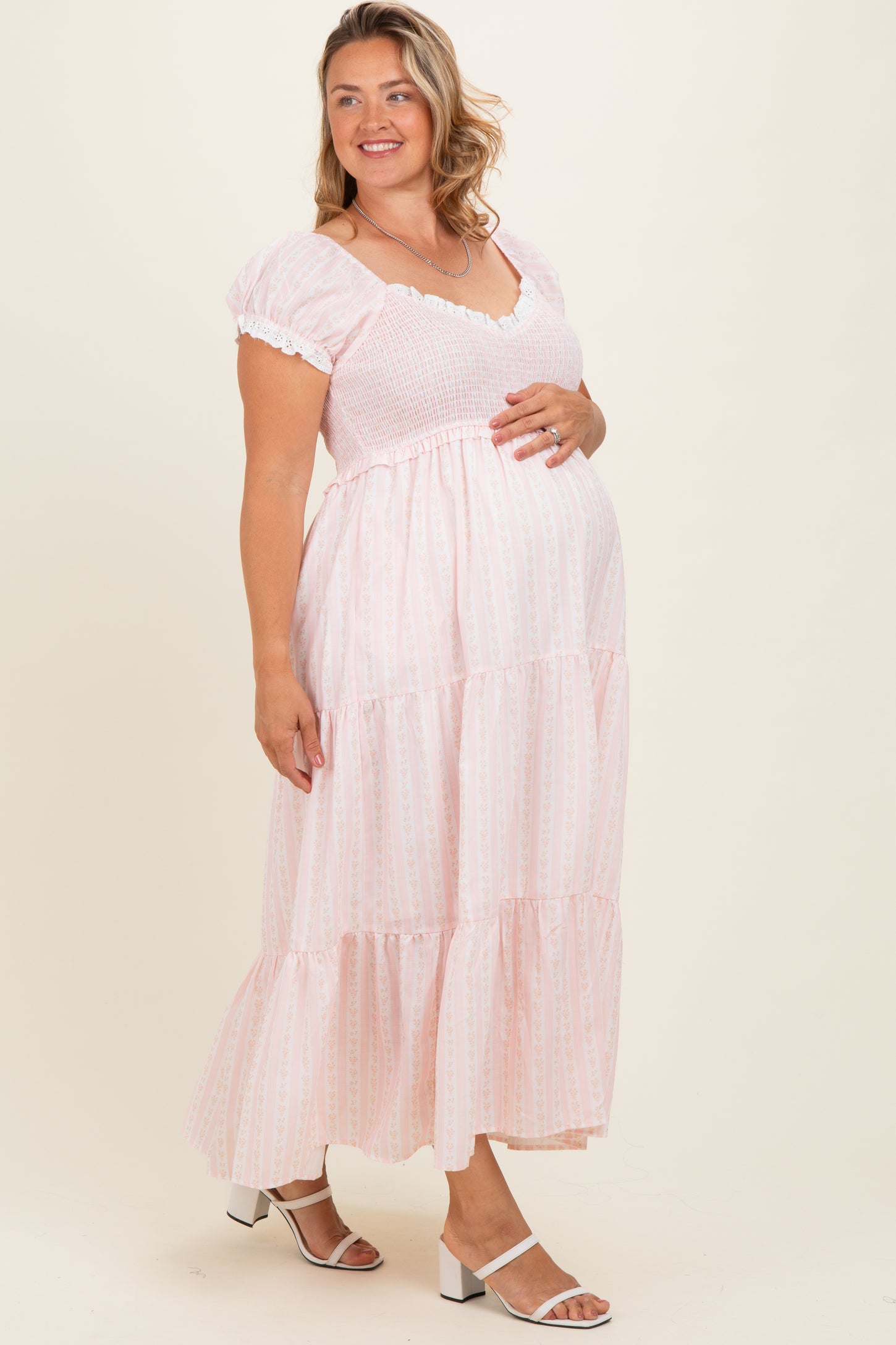 Light Pink Floral Lace Trim Tiered Maternity Plus Maxi Dress – PinkBlush