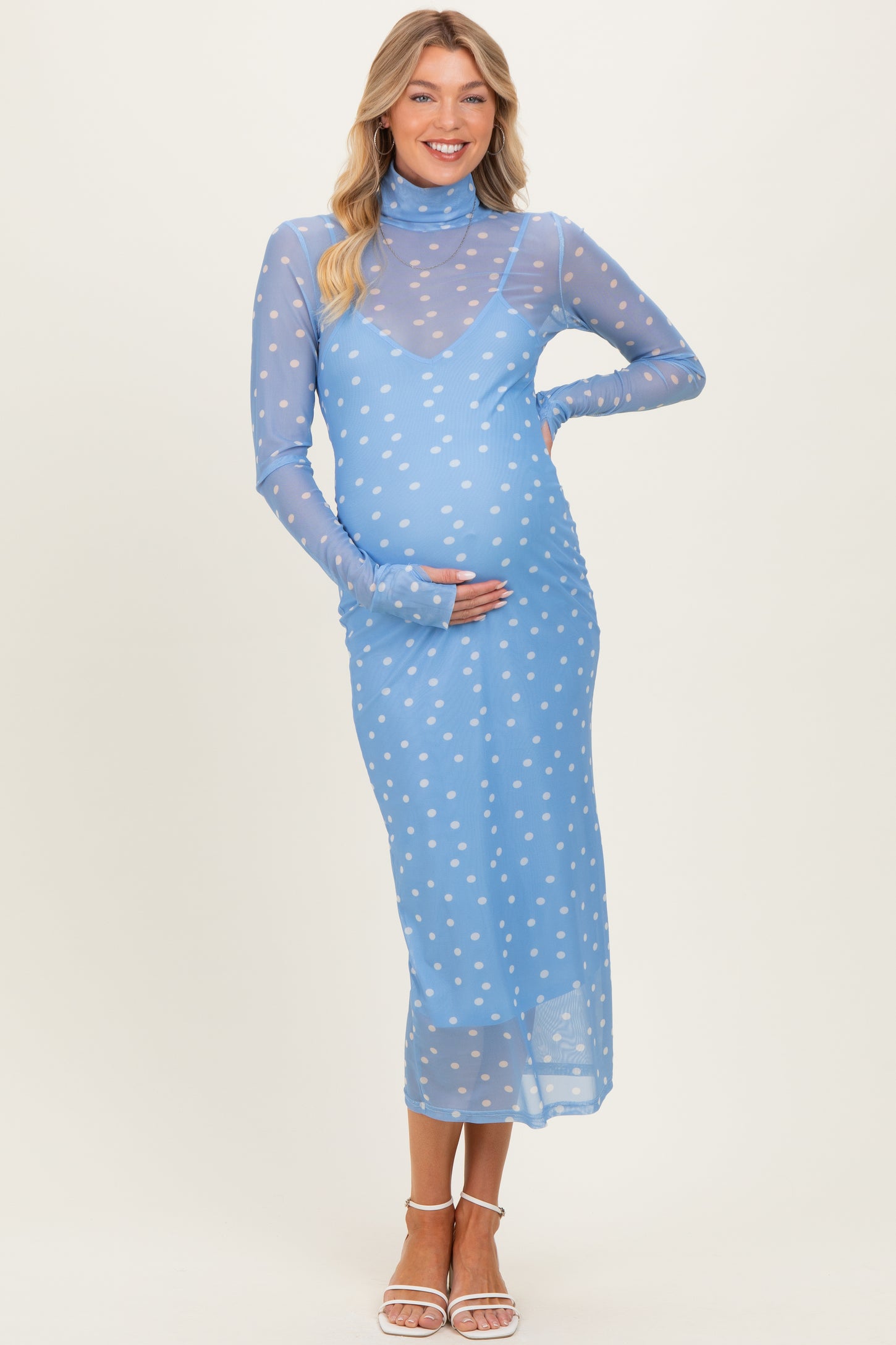 Light Blue Polka Dot Mesh Overlay Maternity Midi Dress