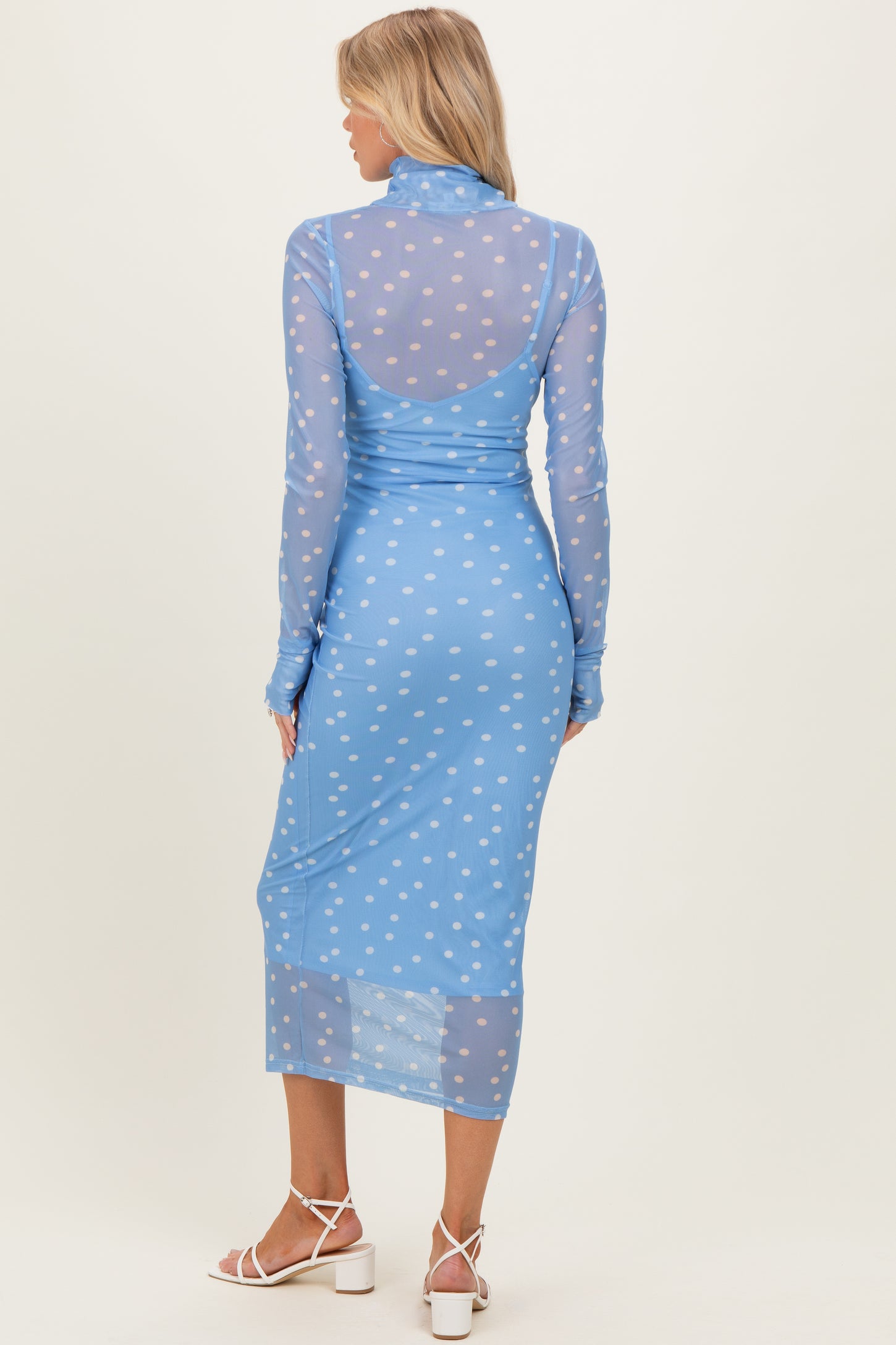 Light Blue Polka Dot Mesh Overlay Maternity Midi Dress