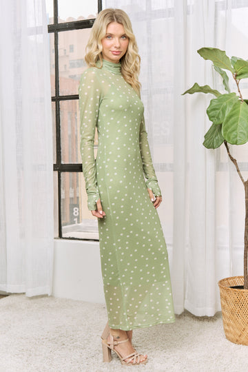 Kiwi Polka Dot Mesh Overlay Midi Dress