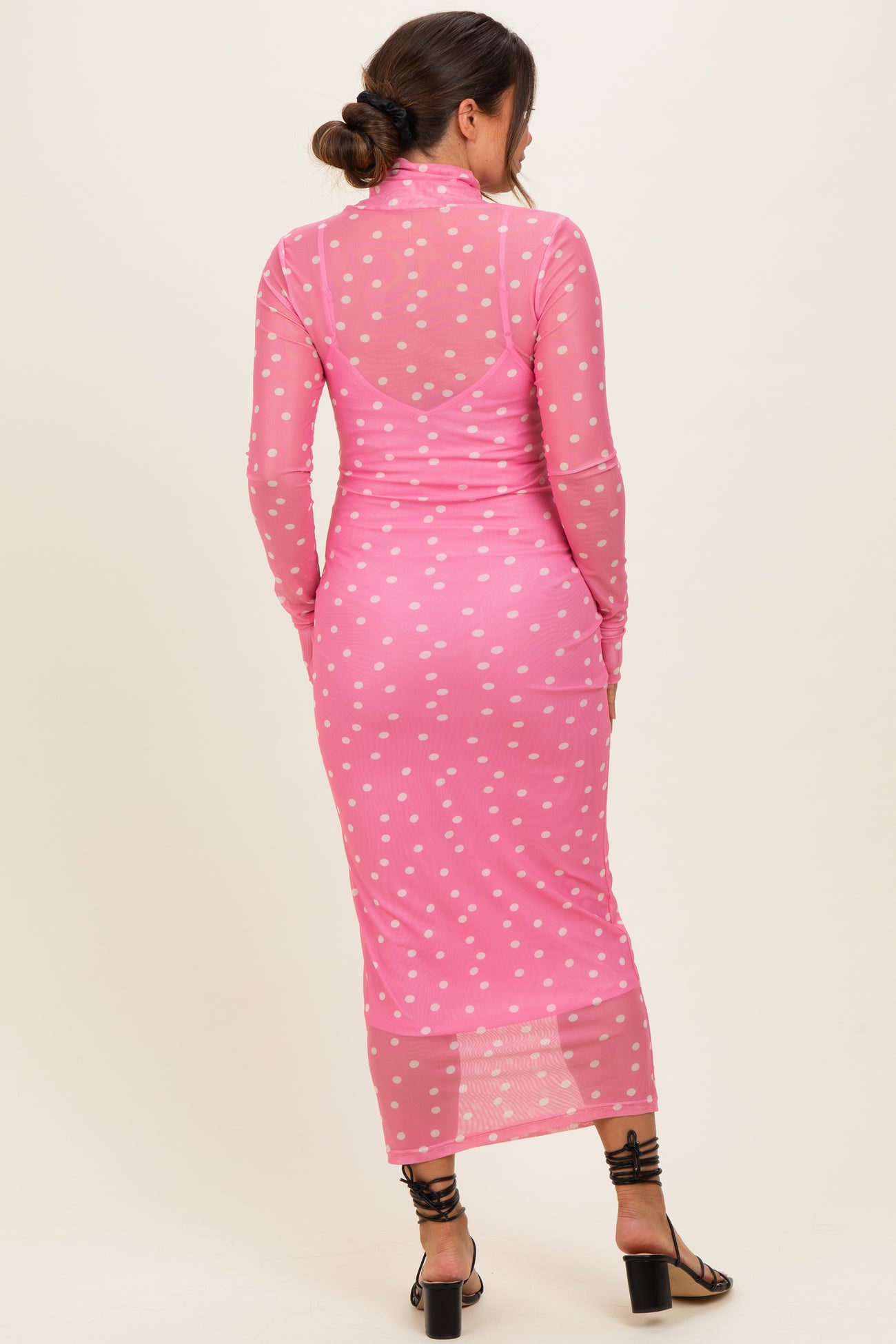 Pink Polka Dot Mesh Overlay Maternity Midi Dress