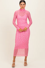 Pink Polka Dot Mesh Overlay Midi Dress